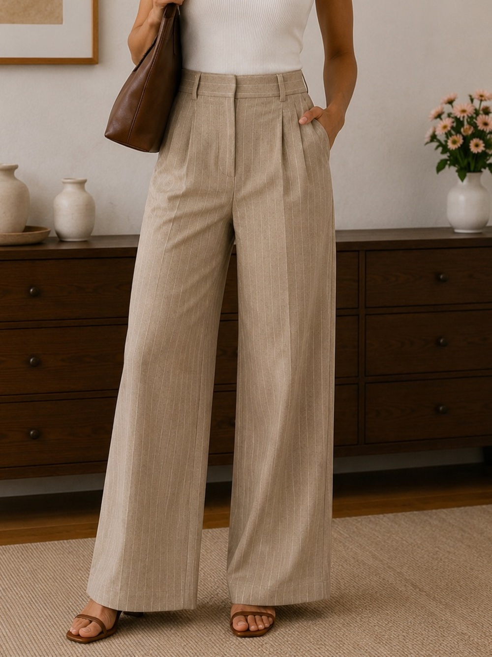 Lulu's Beige High-Waist Wide Leg Trousers